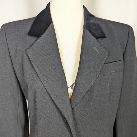 80s 90s Blazer A Line Anne Klein Velvet Trimmed Wool Blazer Black Size 2 - Picture 12 of 16
